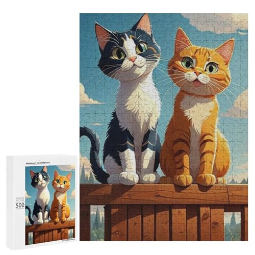 Zwei entzückende Katzen, die auf einem Holzzaun sitzen, 500 Teile Tier, klassisches Holzpuzzle für Erwachsene von Generisch