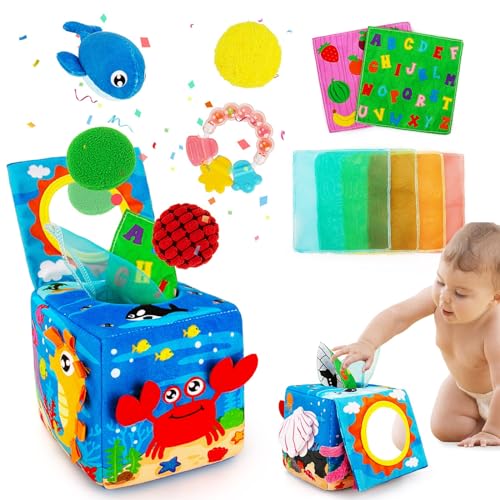beetoy Überraschung Baby Tissue Spielzeug, Strukturierte Sensorische Bälle, Plüschwal-Spielzeug, Knisterpapier, Bunte Seidenschals – Sensorisches Spielzeug für Babys 6–12 Monaten von Generisch