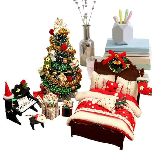 doll house Weihnachtsdekorationen - Miniaturmöbel und Baummodell Set für Urlaubsausstellungen, hausgemachtes Weihnachtsbett Klavier und Zimmerzubehör für Kinder oder Erwachsene, Winter Home Party Feie von Generisch