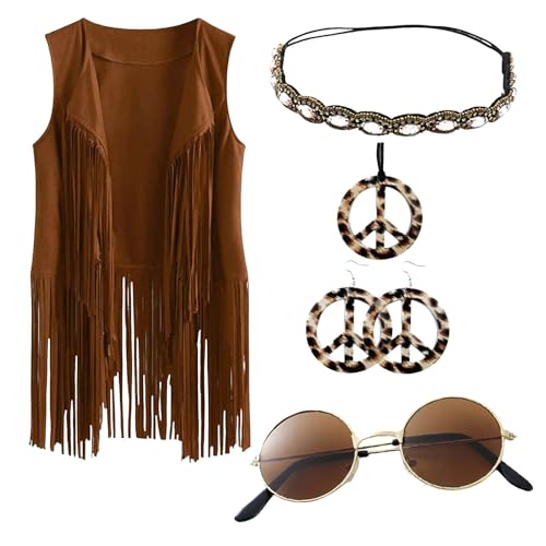 faschingskostüme damen, 60er 70er Jahre Hippie Kostüm Damen Set mit Ärmellose Fransenweste Schlaghose 70er Hippie Accessoires Hippie Kleidung 70er Jahre Bekleidung Disco Outfit Faschingskostüm Mädchen von Generisch