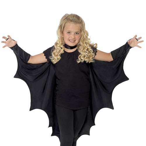 fledermas Kostüm Kinder | 110cm Halloween Umhang Mit Flügel | Schwarzes Vampir-Umhang Set | Unisex Kinderkostüm Mit Fledermausflügeln – Ideal Für Halloween, Fasching & Cosplay von Generisch