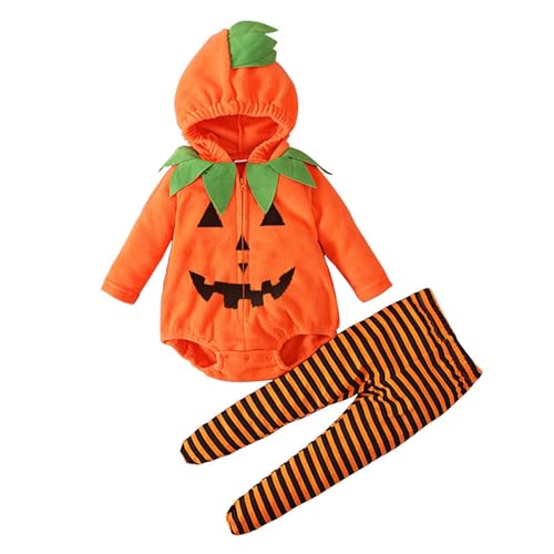 halloween kostüm kinder,halloween kostüm jungs,Baby Langarm Kürbisförmiges Fleece-Spielanzug/Pullover mit Kapuze und gestreifter Strumpfhose Schickes Baby Outfit Junge (e-Orange, 12-18 Months) von Generisch