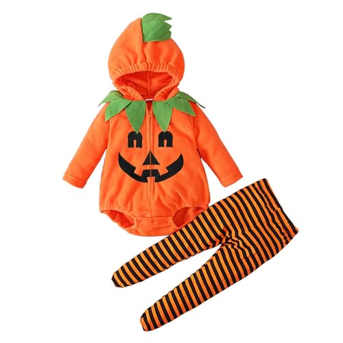 halloween kostüm kinder,halloween kostüme,Baby Langarm Kürbisförmiges Fleece-Spielanzug/Pullover mit Kapuze und gestreifter Strumpfhose Schickes Baby Outfit Junge (b-Black, 3-6 Months) von Generisch