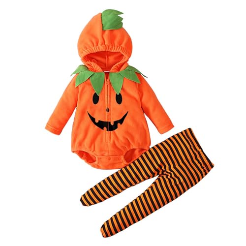 halloween kostüm kinder,kostüm halloween mädchen,Baby Langarm Kürbisförmiges Fleece-Spielanzug/Pullover mit Kapuze und gestreifter Strumpfhose Schickes Baby Outfit Junge (b-Yellow, 18-24 Months) von Generisch