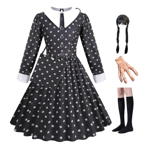 Addams Kostüm Kleid Damen | Kleid Mädchen | Mädchen Karnival Kosplay Schwartz Kleid | Wendsday Kostüm Kinder Halloween Kostüm Kinder | Kostüm Mädchen Für Karneval von Genikeer