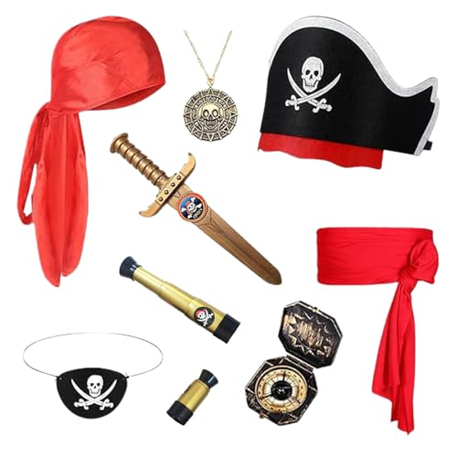 Genikeer Piratenkostüm Zubehör, Piratenkostüm, Kopfbezug Hut Totenkopf Design Gesichtsbedeckung Halloween Set für Karnevalsfest Bühnenshow Verkleidung Requisiten von Genikeer