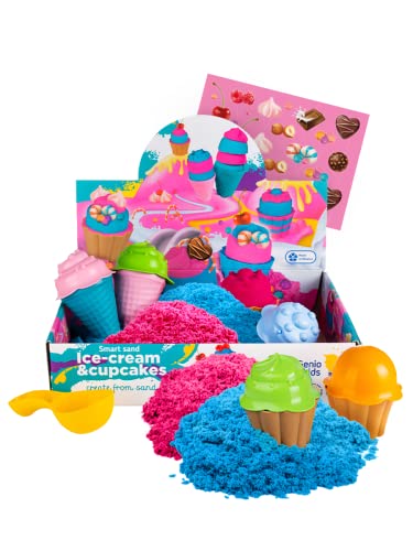 Genio Kids Zaubersand 1kg Set Cupcakes & Eiscreme - Pink und Blau Sandknete Magischer Sand, 8 Zubehör - Knetsand Knete Sand Weihnachtsgeschenke für Kinder, Mädchen und Jungen von Genio Kids