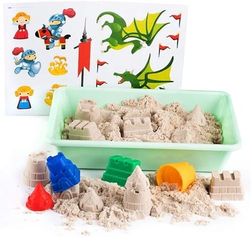 Genio Kids Magic Sand Castle Set - 1 kg Knete Sand, 4 Sandknete Burgenförmchen Zubehör - Magischer Knetsand Weihnachtsgeschenke für Kinder, Mädchen und Jungen von Genio Kids
