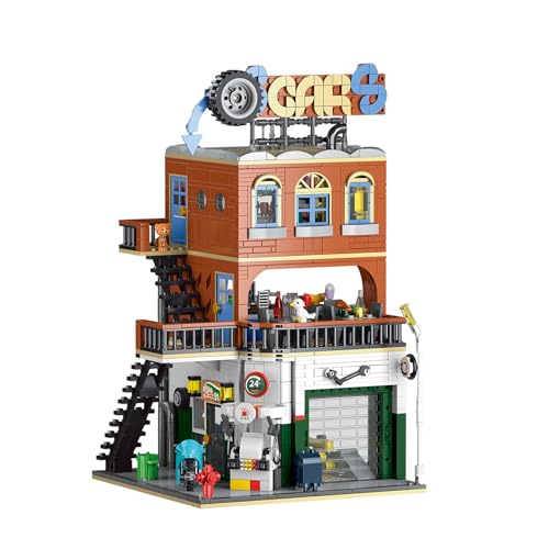 Geniteen Haus Bausteine-Set Kreatives Modulares Hausbau Spielzeug Straßenansicht Architektur Pädagogisches Spielzeug (Autowerkstatt) von Geniteen