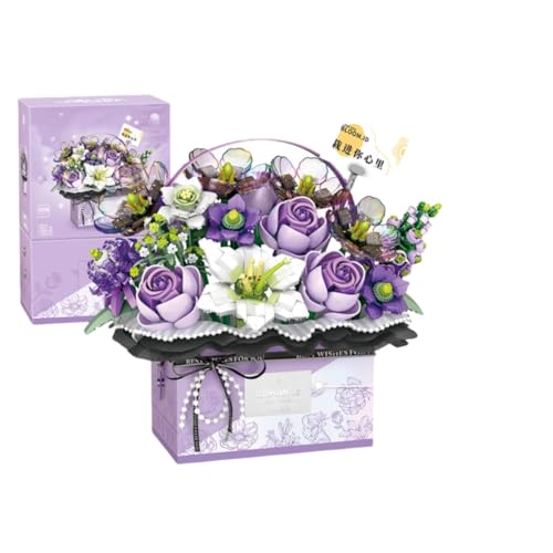 Blumenstrauß Bausteine, 1212 Teilige Simulation Rosen Bonsai Bausatz Kit, Blumenstrauß Bauspielzeugsets Künstliche Blumen with Handheld Geschenkbox Geschenk für Erwachsene Kinder (Lila) von Genruron