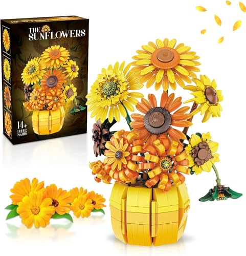 Blumenstrauß Bausteine Bausatz, 1009 Teile Simulation Sonnenblume Bausets, künstliche Blumen Dekoration Zuhause Bauklötze, DIY Botanik Kollektion Deko Geschenk für Erwachsene von Genruron