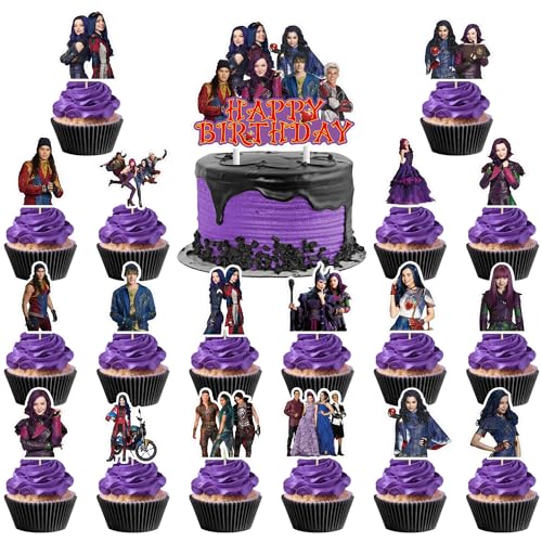 Genshii Disney 37-teiliges Kuchendekorationsset mit Nachkommen: 1 großer Kuchenaufsatz, 36 Cupcake-Topper für Nachkommen Themen-Geburtstagsparty-Dekor von Genshii