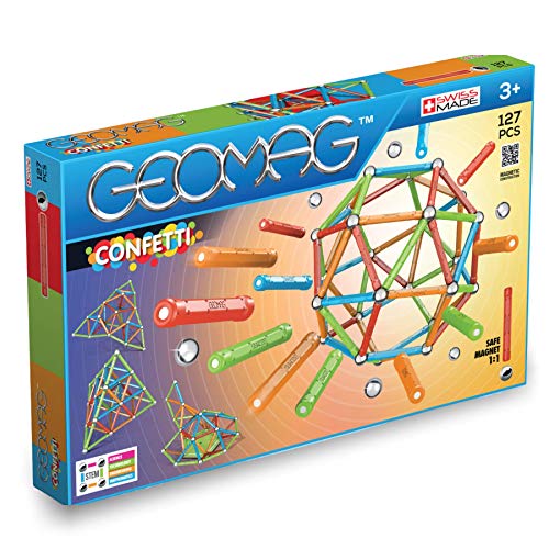 GEOMAG - CLASSIC CONFETTI 127 Stück -Magnetische Bausteine für Kinder ab 3 Jahren- Hergestellt in der Schweiz -Konstruktionsspielzeug mit 60 Stäben, 61 Kugeln, 6 Basen - Magnetische Lernspiele STEM von Geomag