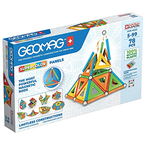 GEOMAG - SUPERCOLOR PANELS 78 Stück - Magnetisches Baukastenspiel für Kinder ab 5 Jahren - Hergestellt in der Schweiz - 100% recycelbarer Kunststoff - Bausteine mit 28 Stäben, 20 Kugeln, 30 Fliesen von Geomag