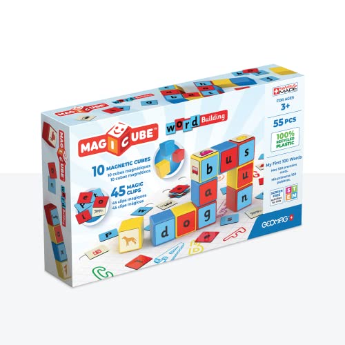 Geomag, Magicube Word Building Clips, Magnetische Spiele für Kinder ab 3 Jahren, Set zum Englisch Lernen, 55-teilige Packung von Geomag