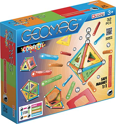 GEOMAG - CLASSIC CONFETTI - 32 Teile - Magnetische Baustein für Kinder ab 3 Jahren - Hergestellt in der Schweiz - Magnetisches Konstruktionsspielzeug mit 12 Stäben, 9 Kugeln, 11 Fliesen - STEM von Geomag