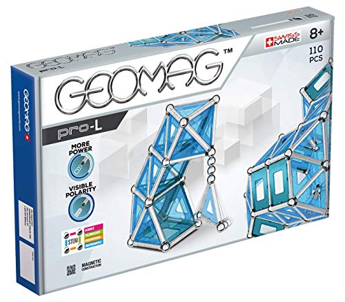 GEOMAG - PRO-L -110 Teile - Magnetisches Konstruktionsspiel für Kinder ab 8 Jahren - Bausteine ​​mit 36 ​​Silberstäben, 30 Kugeln, 44 blauen Feldern - Kraftvolle Magnete - STEM- Swiss Made von Geomag