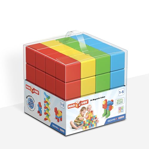 GEOMAG - MAGICUBE - 64 Würfel - Magnetisches Konstruktionsspielzeug aus 100% Recyclingkunststoff - Für Kinder von 1 bis 5 Jahren - Fördert Frühkindliche Bildung Durch Spielerisches Lernen von Geomag