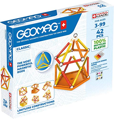 GEOMAG - CLASSIC - 42 Stücke - 100% recyceltes Kunststoff - Magnetische Baustein für Kinder ab 3 Jahren- Hergestellt in der Schweiz - 20 Stäben, 20 Kugeln, 2 Basen - Magnetisches Lernspiel STEM von Geomag