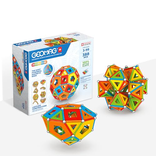 GEOMAG - SUPERCOLOR Masterbox 388 Stück - Magnetisches Baukastenspiel für Kinder ab 3 - Hergestellt in der Schweiz -100% Recyclingplastik-Magnetisches Spielzeug mit 144 Stäben, 96 Kugeln, 148 Fliesen von Geomag