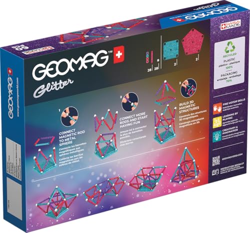 Geomag - Glitter 60 Teile - Magnetische Baustein für Kinder ab 3 Jahren -100% Recycelbarer Kunststoff - Hergestellt in der Schweiz - 28 Stäben, 28 Kugeln,4 Basen -Magnetisches Konstruktionsspiel STEM von Geomag