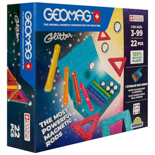 Geomag, Recycled Glitter, Magnetische Konstruktionen mit Glitzereffekt, Bunte und Glitzernde Magnetstäbe, 22-teilige Packung, 100% Recycling-Kunststoff von Geomag