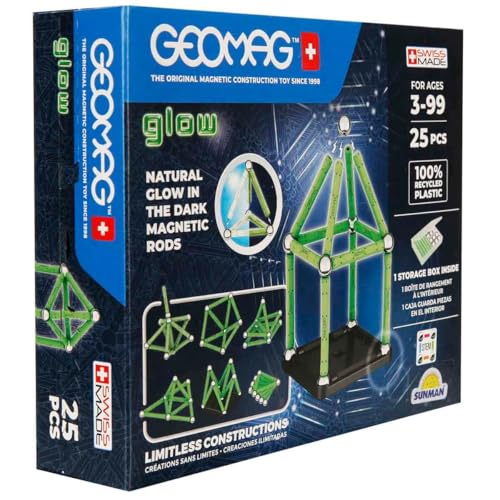 Geomag, Glow Recycled, Magnetische Konstruktionen mit Leuchteffekt, Magnetstäbe, die im Dunkeln Leuchten, 25-teilige Packung, 100% Recycling-Kunststoff von Geomag