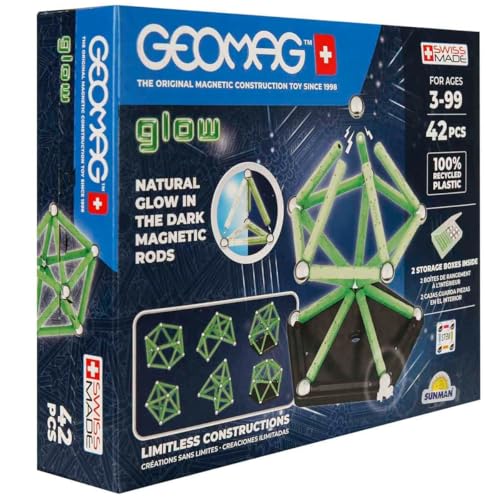 Geomag, Glow Recycled, Magnetische Konstruktionen mit Leuchteffekt, Magnetstäbe, die im Dunkeln Leuchten, 42-teilige Packung, 100% Recycling-Kunststoff von Geomag