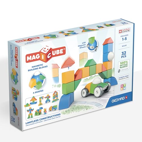 GEOMAG - MAGICUBE 32 Teile - Magnetische Stapelbausteine für Kinder ab 1 Jahr - 4 Farben & Formen mit Magnetischen Rädern - 100% Recyceltes Kunststoff - Pädagogisches Spielzeug Made in Switzerland von Geomag