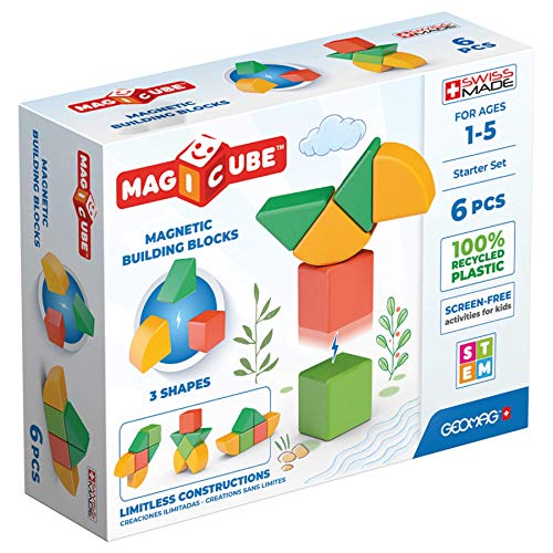 Geomag - Magicube 1+ Shapes - Magnetic Blocks for Kids - 4 Colours and Shapes - 6 Cubes – 100 Percent Recycled Plastic von Geomag