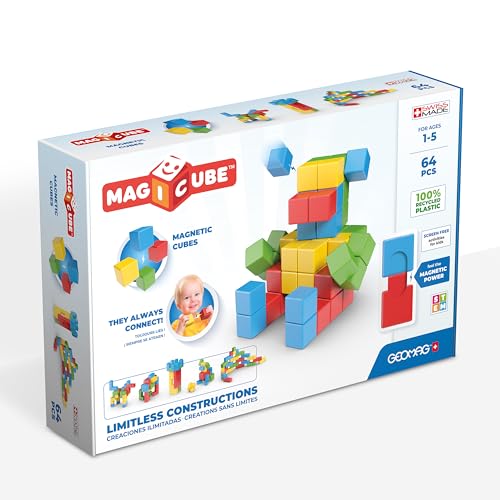 GEOMAG - MAGICUBE - 64 Magnetische Blöcke in 4 Farben für Kinder - Aus 100% Recyceltem Plastik - Fördert Kreative und Motorische Fähigkeiten - Nachhaltig Produziert in der Schweiz von Geomag