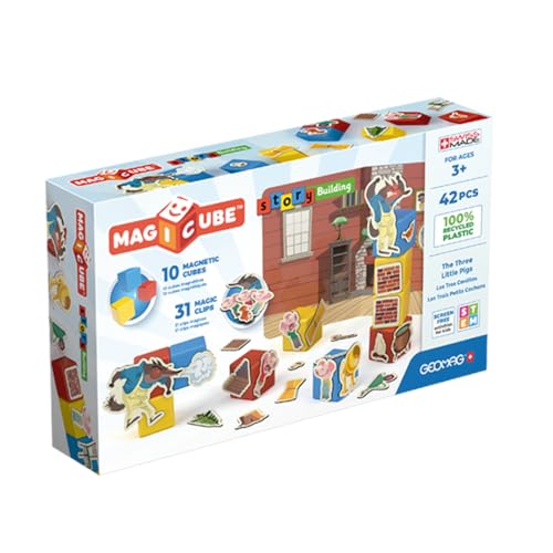 Geomag, Magicube Story Building Three Little Pigs, Magnetische Spiele für Kinder ab 3 Jahren, Magnetisches Theater, 42-teilige Packung, 100% Recycling-Kunststoff von Geomag