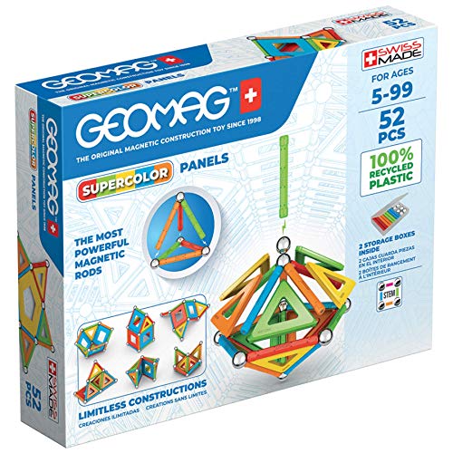 GEOMAG - SUPERCOLOR PANELS - 52 Teile- Magnetische Baustein Für Kinder Ab 5 Jahren - Hergestellt In Der Schweiz -100% Recycelter Kunststoff - 16 Stäbe, 16 Kugeln, 20 Fliesen -Konstruktionsspiel STEM von Geomag