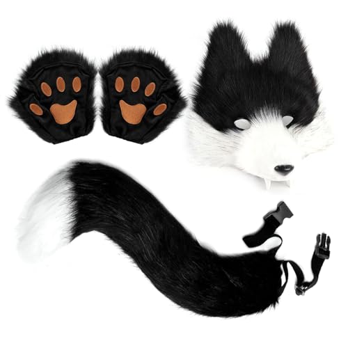 Geonoy Wolfsschwanz und Ohren – Halloween-Zubehör, Kostümparty, Damen, Cosplay-Outfit für Halloween, Maskerade, Karneval, Modenschau, Bühnenaufführung, Rollenspiel-Events von Geonoy