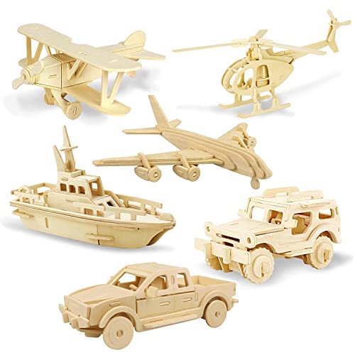 Georgie Porgy 3D Holzpuzzles DIY Modelle Kits für Kinder Dinosaurier Flugzeug Holzhandwerk BAU Spielzeug 6 Stück (Autos Yacht Zivile Flugzeuge Hubschrauber Albatros) von Georgie Porgy