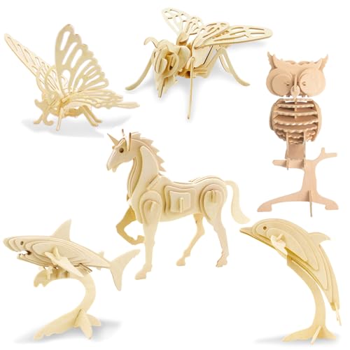 Georgie Porgy 3D Holzpuzzles DIY Modelle Kits für Kinder Dinosaurier Flugzeug Holzhandwerk BAU Spielzeug 6 Stück (Biene Schmetterling Einhorn Eule Hai Delphin) von Georgie Porgy