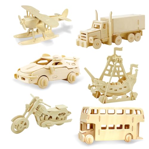 Georgie Porgy 3D Holzpuzzles DIY Modelle Kits für Kinder Dinosaurier Flugzeug Holzhandwerk BAU Spielzeug 6 Stück (Bus Flugzeug Sportwagen Piratenschiff LKW Motorrad) von Georgie Porgy