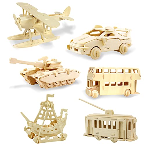 Georgie Porgy 3D Holzpuzzles DIY Modelle Kits für Kinder Dinosaurier Flugzeug Holzhandwerk BAU Spielzeug 6 Stück (Bus Flugzeug Sportwagen Piratenschiff Panzer Straßenbahn) von Georgie Porgy