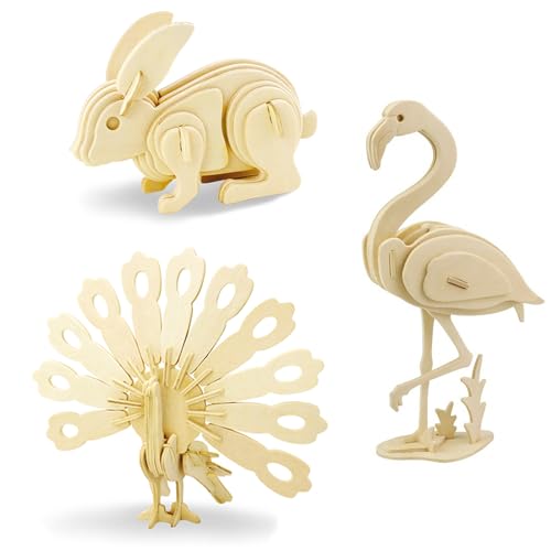 Georgie Porgy Hölzerne 3D Puzzle Sammlung Modell Kit Baukasten Holzhandwerk Kinder Puzzle Pädagogisches Spielzeug DIY Geschenk Packung 3 (Flamingo Kaninchen Pfau) von Georgie Porgy