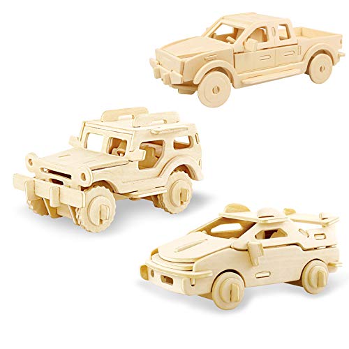 Georgie Porgy Hölzerne 3D Puzzle Sammlung Puzzle Modell Kit Baukasten Holzhandwerk Kinder Puzzle Pädagogisches Spielzeug DIY Geschenk Packung 3 (Jeep Autos Pickup) von Georgie Porgy