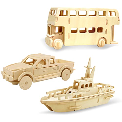 Georgie Porgy Hölzerne 3D Puzzle Sammlung Puzzle Modell Kit Baukasten Holzhandwerk Kinder Puzzle Pädagogisches Spielzeug DIY Geschenk Packung 3(Doppeldecker-Bus Pick-up Yacht) von Georgie Porgy