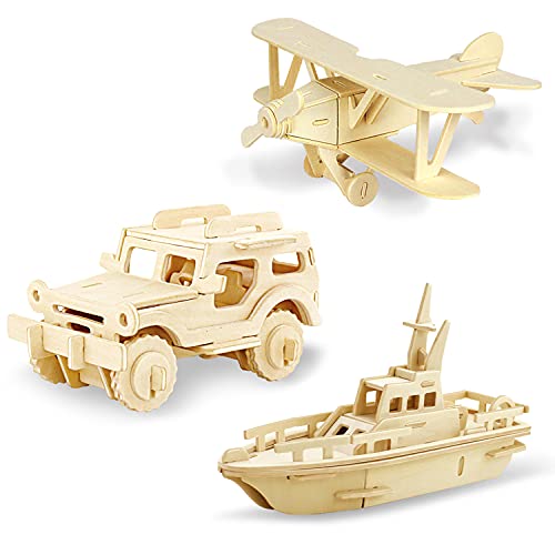 Georgie Porgy Hölzerne 3D Puzzle Sammlung Puzzle Modell Kit Baukasten Holzhandwerk Kinder Puzzle Pädagogisches Spielzeug DIY Geschenk Packung 3 Doppeldecker Jeep Rettungsboot