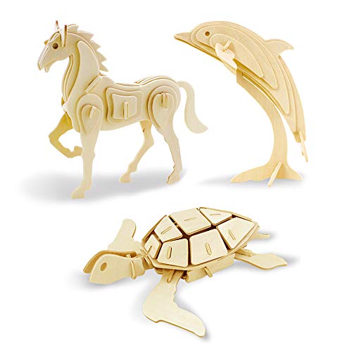 Georgie Porgy Hölzerne 3D Puzzle Sammlung Puzzle Modell Kit Baukasten Holzhandwerk Kinder Puzzle Spielzeug Alter 5+ Packung 3 (Pferd Delphin Schildkröte) von Georgie Porgy
