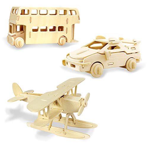 Georgie Porgy Hölzerne 3D Puzzle Sammlung Puzzle Modell Kit Baukasten Holzhandwerk Kinder Puzzle Spielzeug Alter 5+ Packung 3 (Wasserflugzeug Autos London Bus) von Georgie Porgy