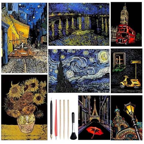 Georgie Porgy Kratzbilder Set DIY Bastelsets für Erwachsene Kinder Magic Rainbow Scratch A3 A4 Kratzpapier für Weihnachten Geburtstagsgeschenk mit Kratzwerkzeuge Kit (Van Gogh+Straßenecke) von Georgie Porgy