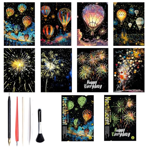 Georgie Porgy Kratzbilder Set DIY Bastelsets für Kinder Erwachsene Magic Rainbow A4 Kratzpapier für Weihnachten Geburtstagsgeschenk mit Kratzwerkzeuge Kit (Nachtleuchtend Feuerwerk+Heißluftballon) von Georgie Porgy