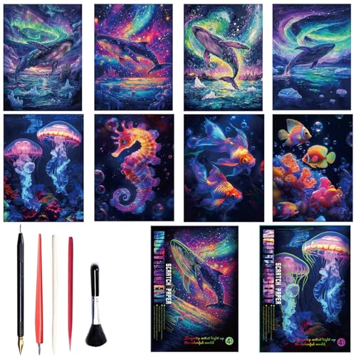 Georgie Porgy Kratzbilder Set DIY Bastelsets für Kinder Erwachsene Magic Rainbow A4 Kratzpapier für Weihnachten Geburtstagsgeschenk mit Kratzwerkzeuge Kit (Nachtleuchtend Meereswelt+Wal) von Georgie Porgy