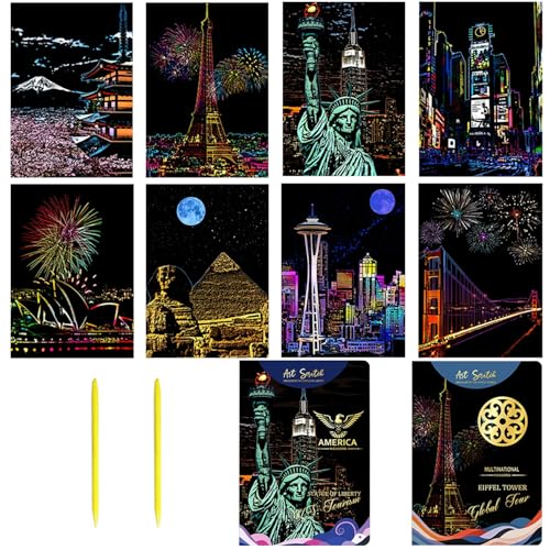 Georgie Porgy Kratzbilder Set DIY Bastelsets für Kinder Erwachsene Magic Rainbow Scratch Art Kratzpapier für Weihnachten Geburtstagsgeschenk mit Kratzwerkzeuge Kit (A5-Amerika + Welt Wahrzeichen) von Georgie Porgy