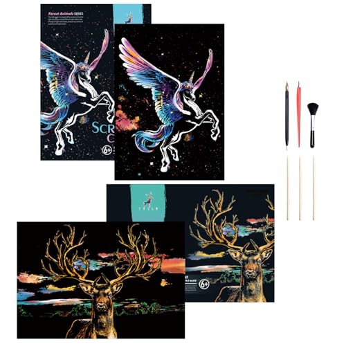 Georgie Porgy Kratzbilder Set DIY Bastelsets für Kinder Erwachsene Magic Rainbow Scratch Paper A3 Tier Kratzpapier für Weihnachten Geburtstagsgeschenk mit Kratzwerkzeuge Kit (A3-Einhorn + Hirsch) von Georgie Porgy