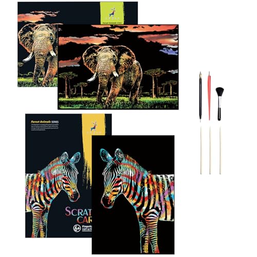 Georgie Porgy Kratzbilder Set DIY Bastelsets für Kinder Erwachsene Magic Rainbow Scratch Paper A3 Tier Kratzpapier für Weihnachten Geburtstagsgeschenk mit Kratzwerkzeuge Kit (A3-Elefant + Zebra) von Georgie Porgy